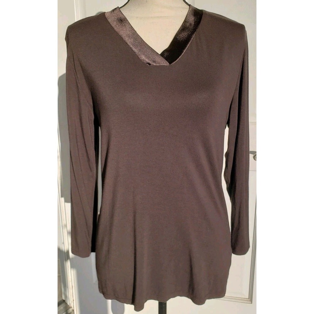 Preston & York V-Neck Chocolate Brown Top Blouse Shirt Sz S Stretchy 3/4 Sleeve